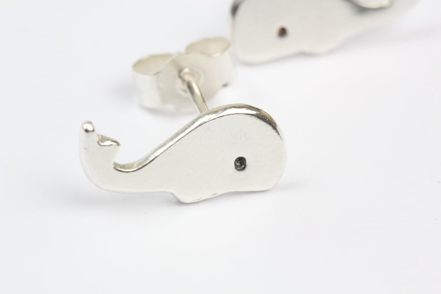 Adorable silver handcrafted whale stud earrings