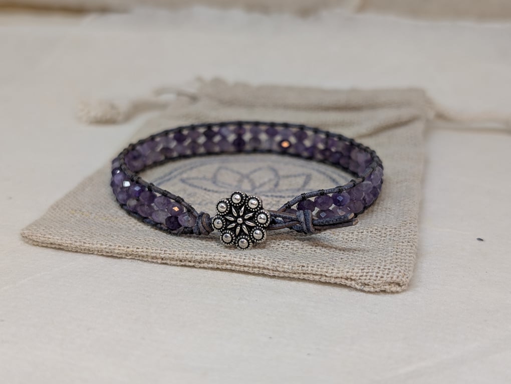 Leather bracelet with faceted amethyst beads, February birthstone