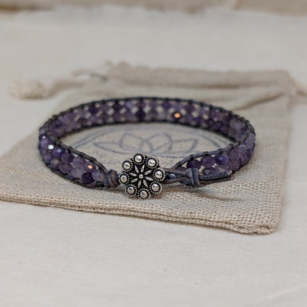 Leather bracelet with faceted amethyst beads, February birthstone