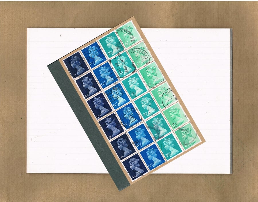Turquoise Blue Ombre Upcycled A6 Notebook - British postage stamps, lined jotter