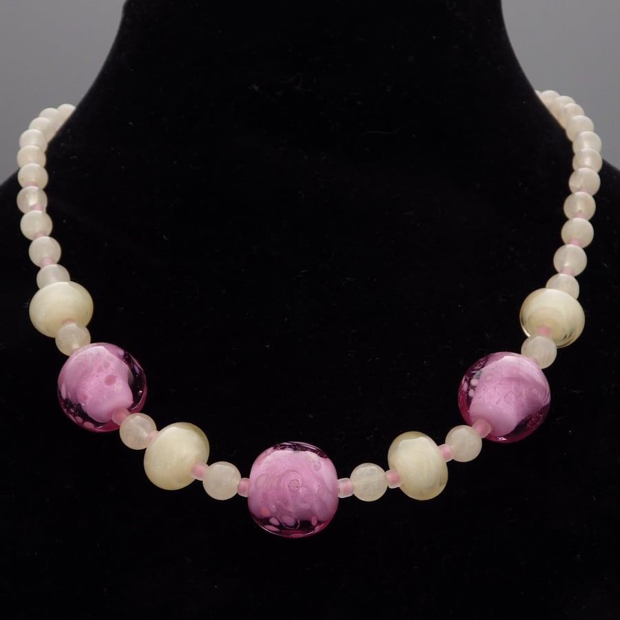 Rose pink fritty lampwork bead necklace with cream lampwork spacers and calcite 