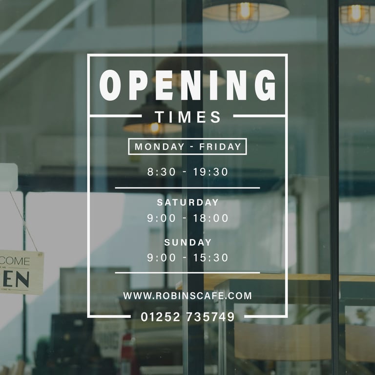 Opening Times - Industrial Sticker: Custom Business Hours Shop Window Sticker 