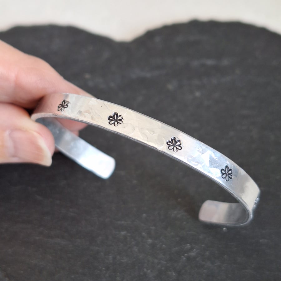 Handstamped flower adjustable cuff bracelet 