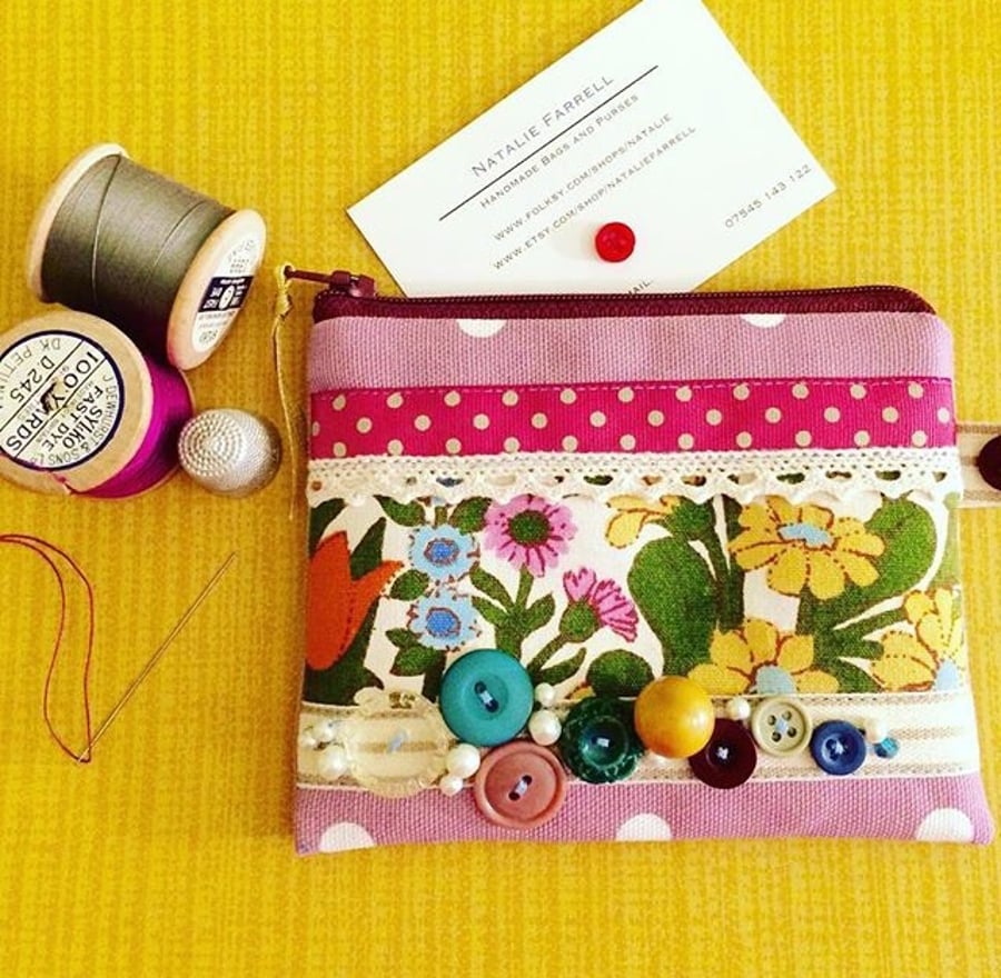 Coin Purse with floral print, vintage buttons, ribbons and lace 