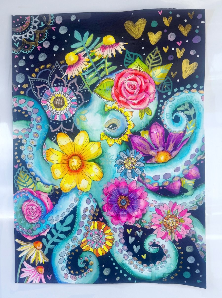 Octopus and Flowers Original Art