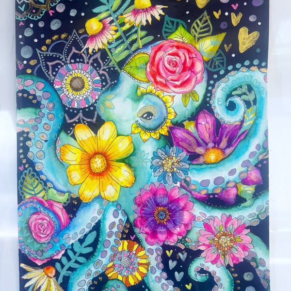 Octopus and Flowers Original Art