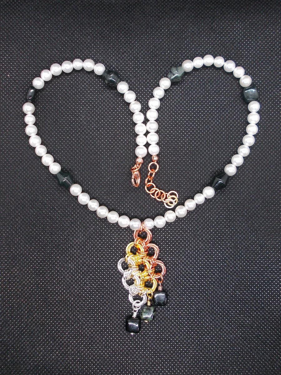 SALE - Shell pearl and black jadeite necklace with chainmaille pendant