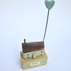 SALE - Little wooden home with clay love heart - green