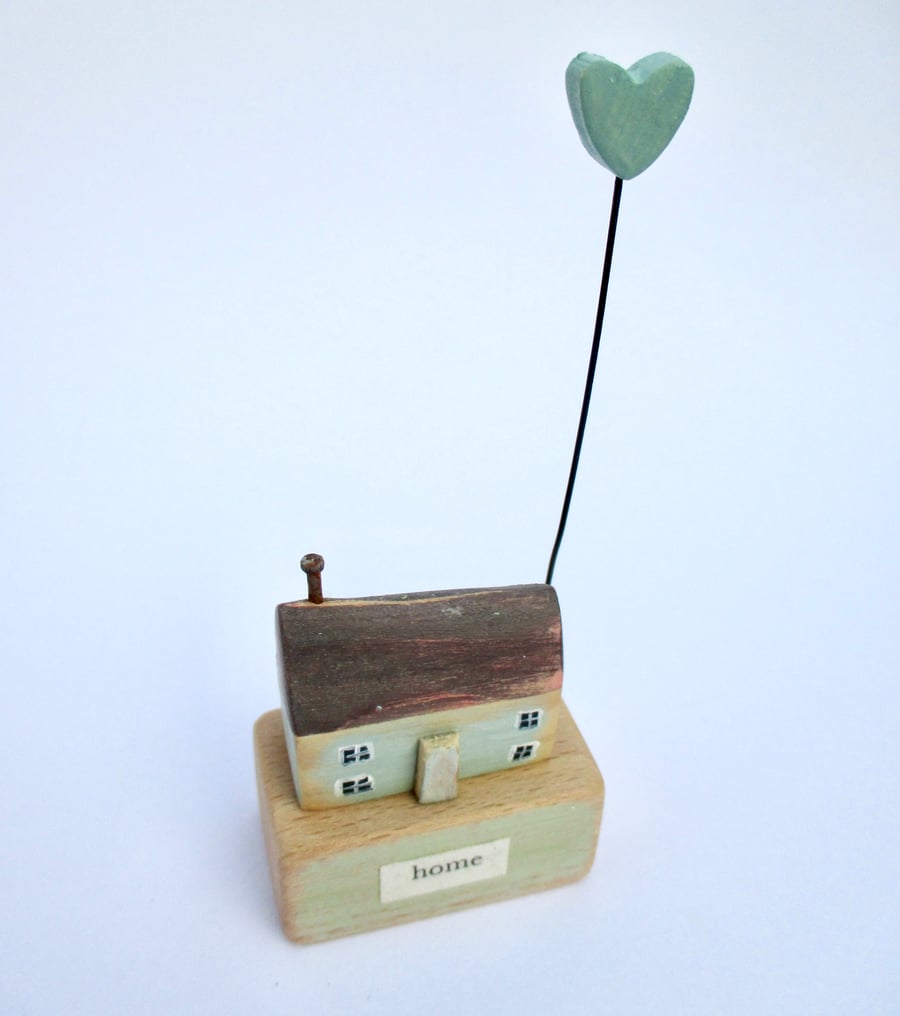 SALE - Little wooden home with clay love heart - green