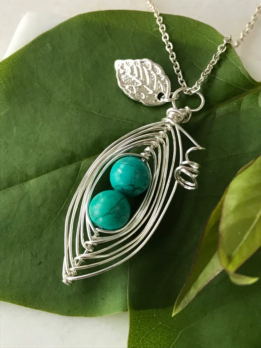 Handmade turquoise gemstone bead pea pod necklace 