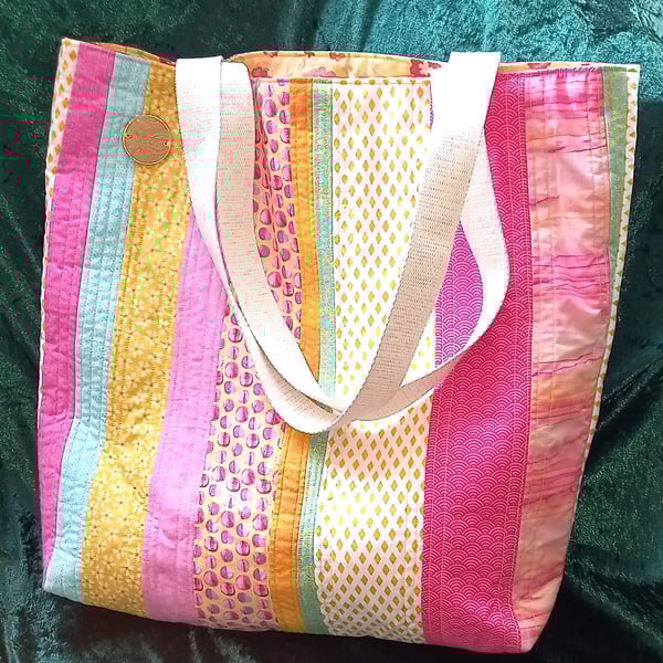 Summer Stripes Patchwork Quilted Tote Bag