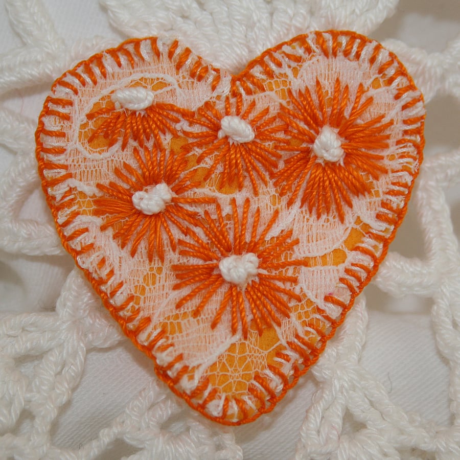 Embroidered Heart Brooch - Orange Daisies on lace