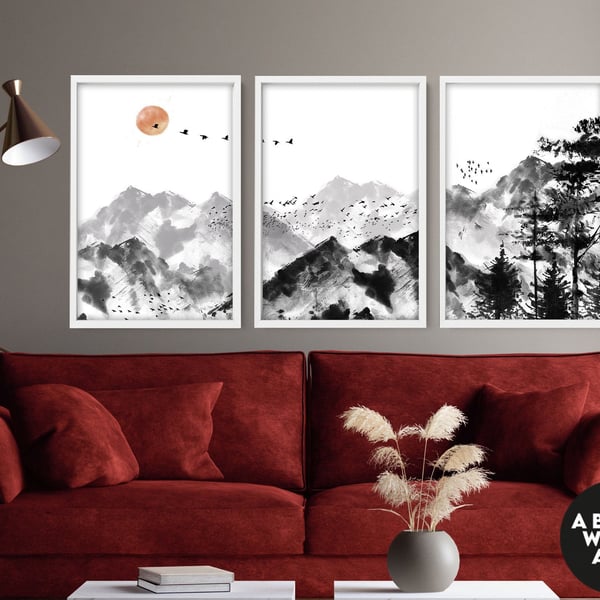 Calming Watercolor Painting Print Set of 3 Minimalist Wall Prints Zen Wall Art M