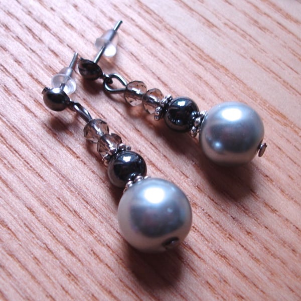 Cute Sparkle Glass Pearl, Hematite and Crystal Stud Earrings Gift for Her