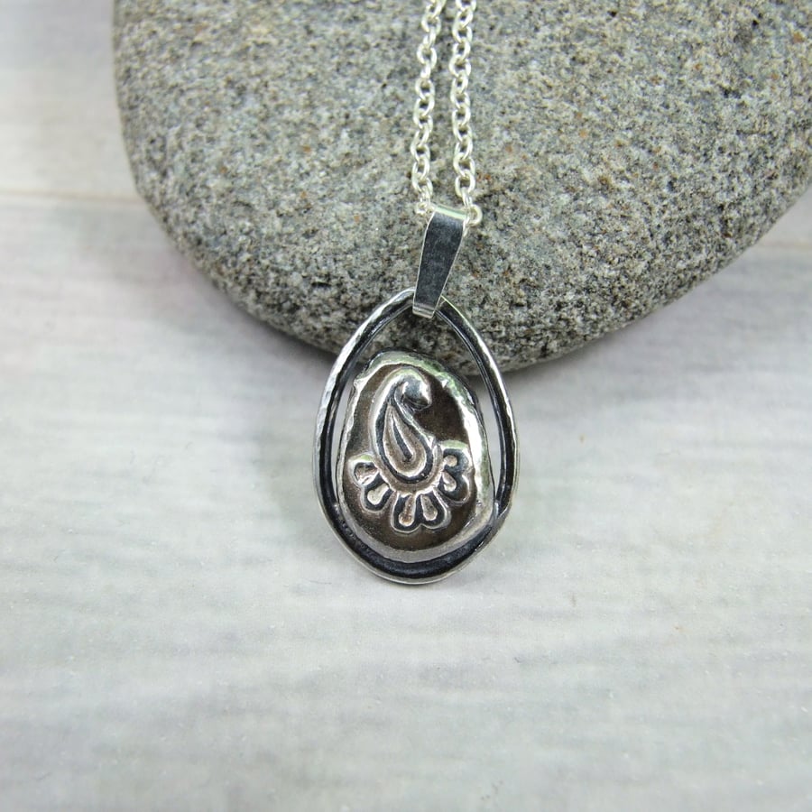 Silver Pebble Pendant with Embossed Peacock, Recycled Silver Necklace