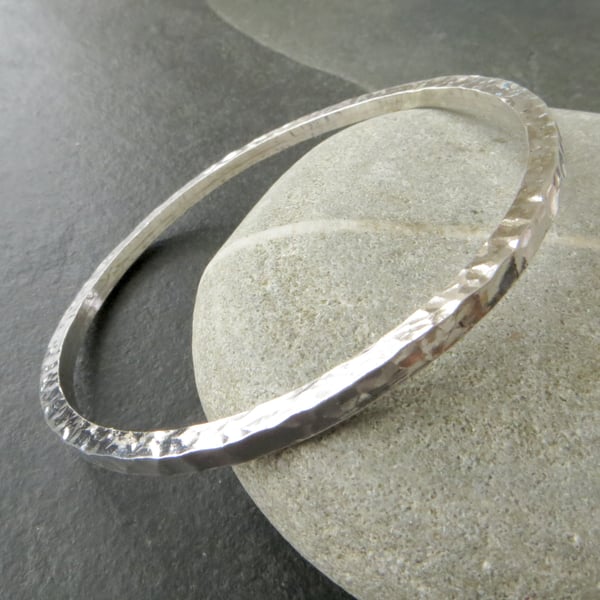 Silver modern bangle with beaten texture, Hallmarked