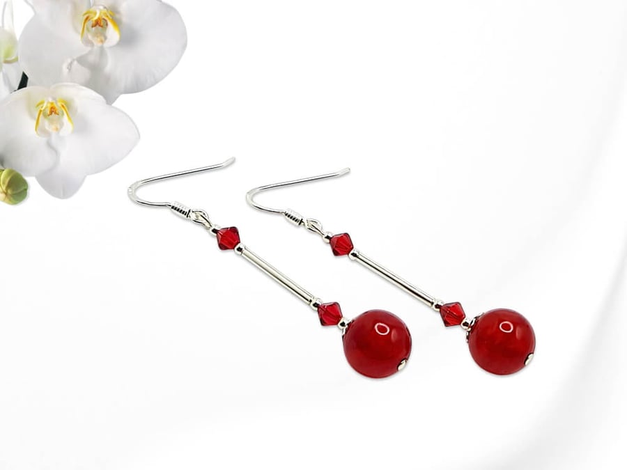 Long Red Jade Beaded Earrings With Sterling Silver Tubes & Crystals