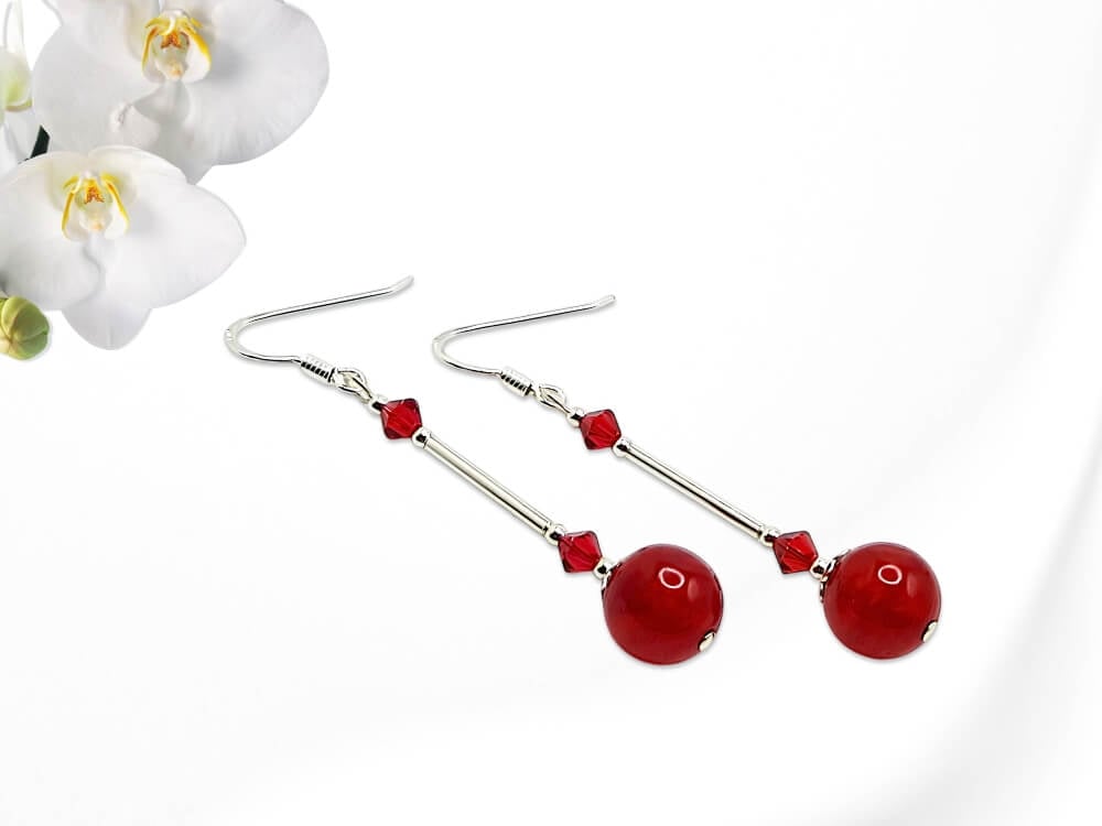 Long Red Jade Beaded Earrings With Sterling Silver Tubes & Crystals