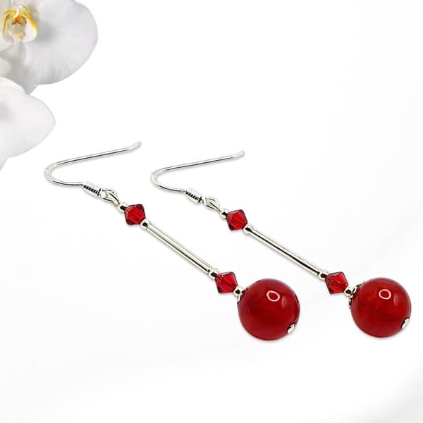 Long Red Jade Beaded Earrings With Sterling Silver Tubes & Crystals
