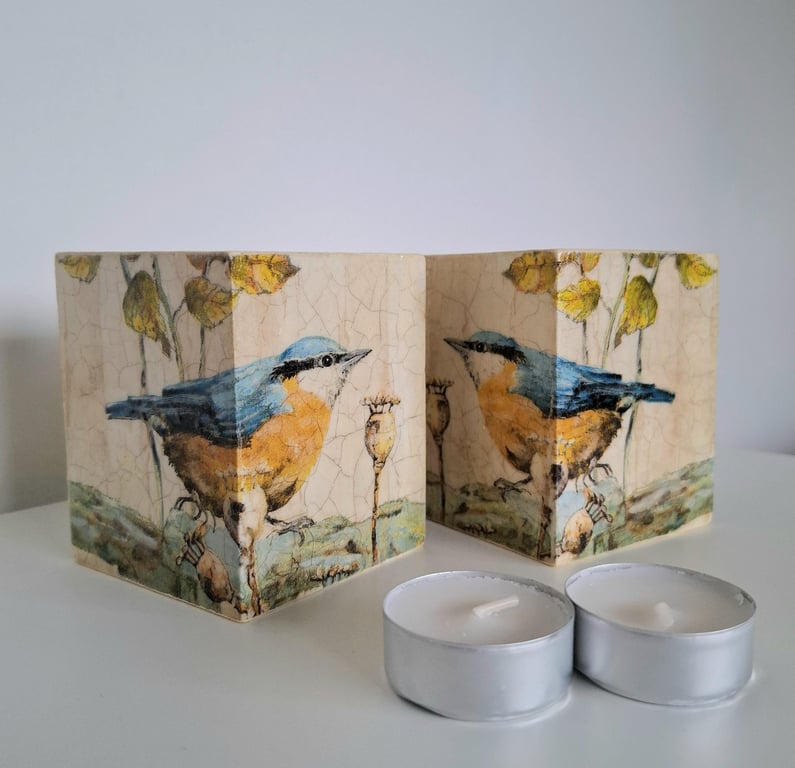 Handmade Decoupaged Tea Light Holders, Set of Two