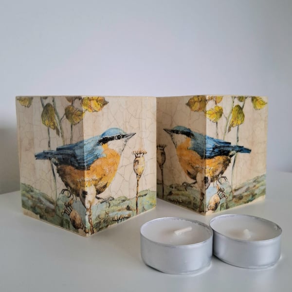 Handmade Decoupaged Tea Light Holders, Set of Two