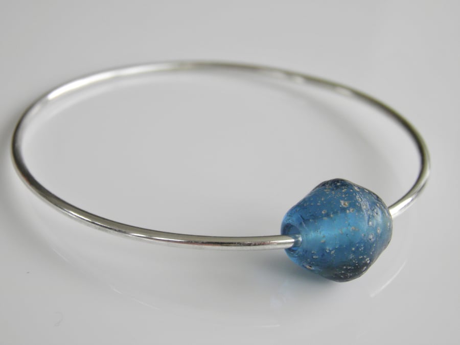 Sterling Silver Bangle Recycled Blue Glass Bead 