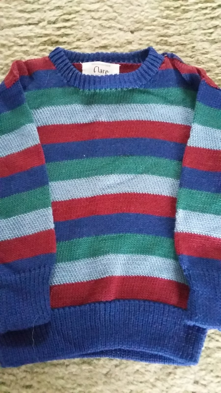 Striped cotton jumper in navy, maroon and green. 7-8 yrs Seconds Sunday