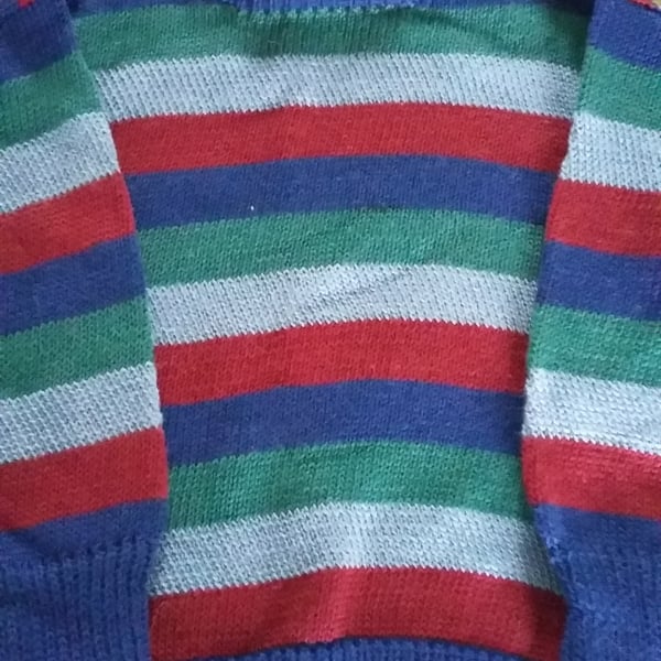 Striped cotton jumper in navy, maroon and green. 7-8 yrs Seconds Sunday
