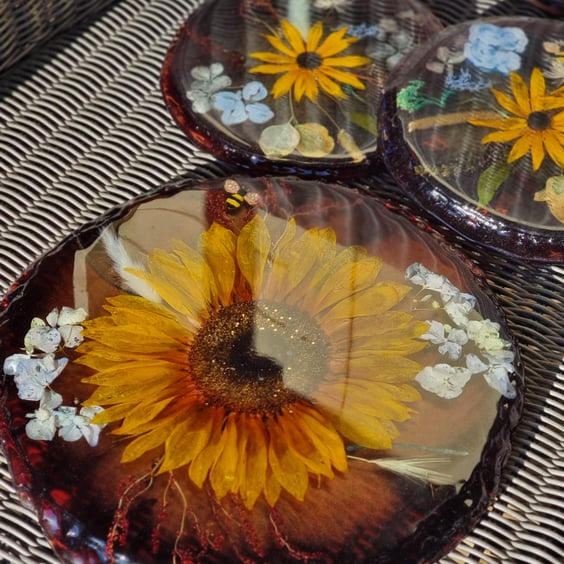 SUNFLOWER 3-piece Set Tray & Coasters Resin Wedding Bouquet preservation