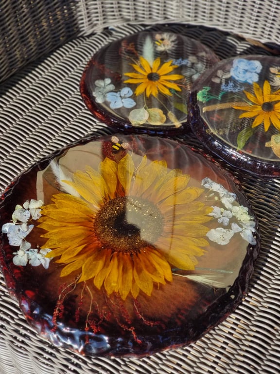 SUNFLOWER 3-piece Set Tray & Coasters Resin Wedding Bouquet preservation