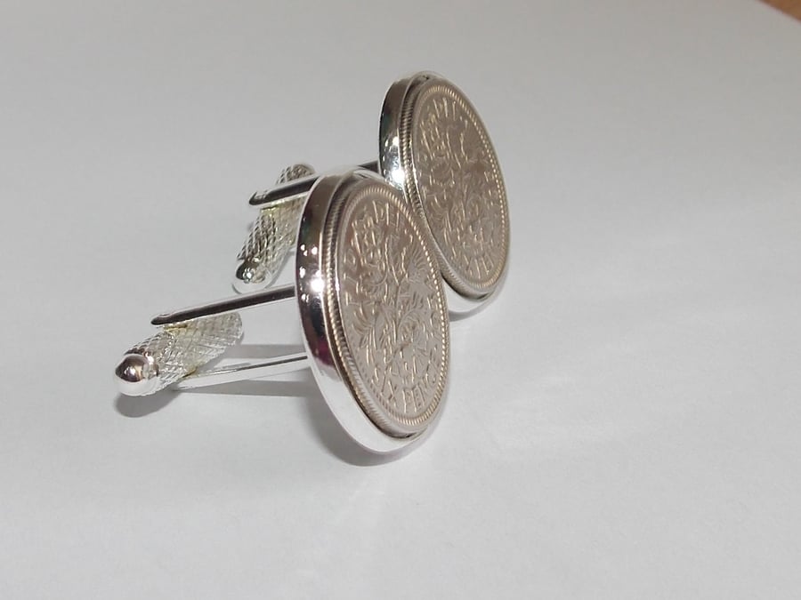 1957 Original British sixpences inset in Silver Plated French Cufflinks backs