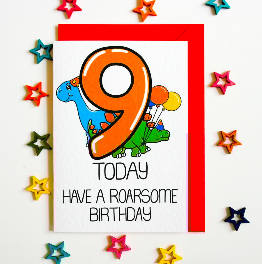 Dinosaur Age Card, 9 Today Have a Roarsome Birthday Card, Dino Card