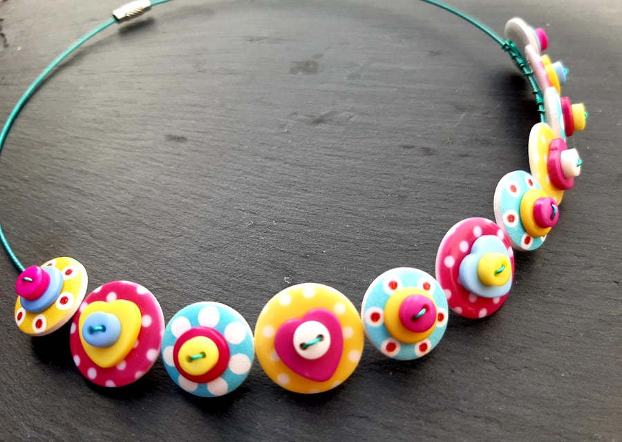 Spotted Heart Button Choker Necklace Pink Yellow Blue