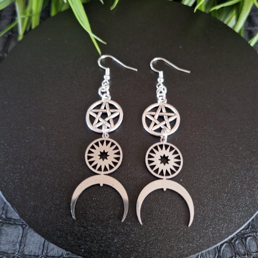 Witchy Celestial Dangle Earrings Gothic Pentagram Moon Earrings Pagan Wiccan Jew