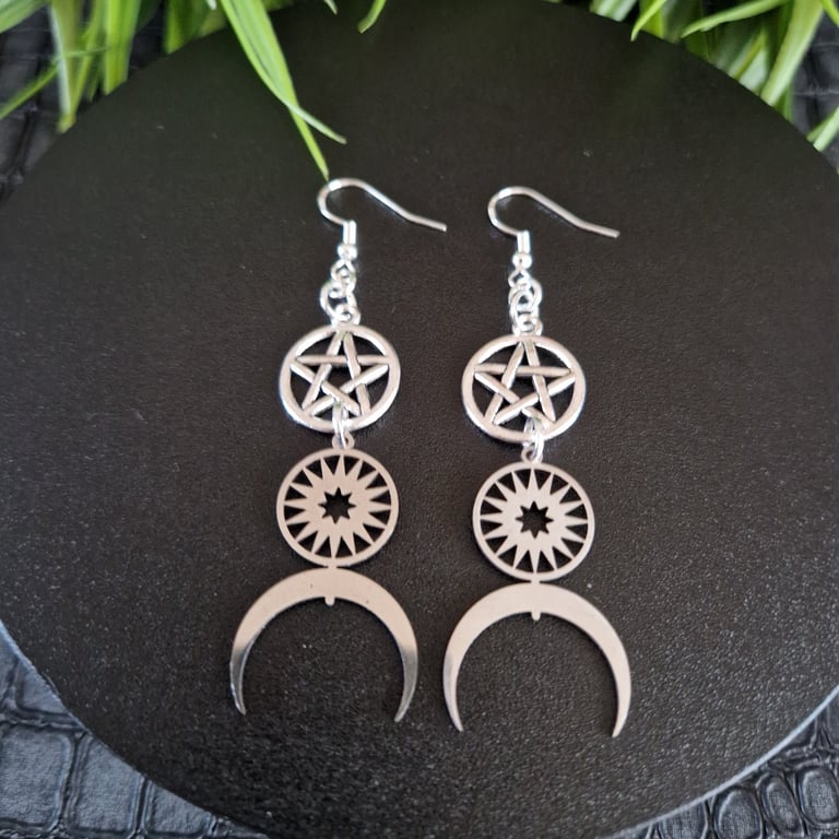 Witchy Celestial Dangle Earrings Gothic Pentagram Moon Earrings Pagan Wiccan Jew