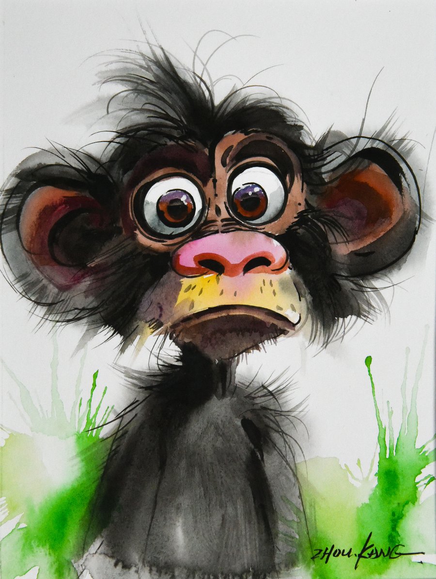 Funny Monkey Watercolour Painting on Paper and Framed (One of a Kind) No.1