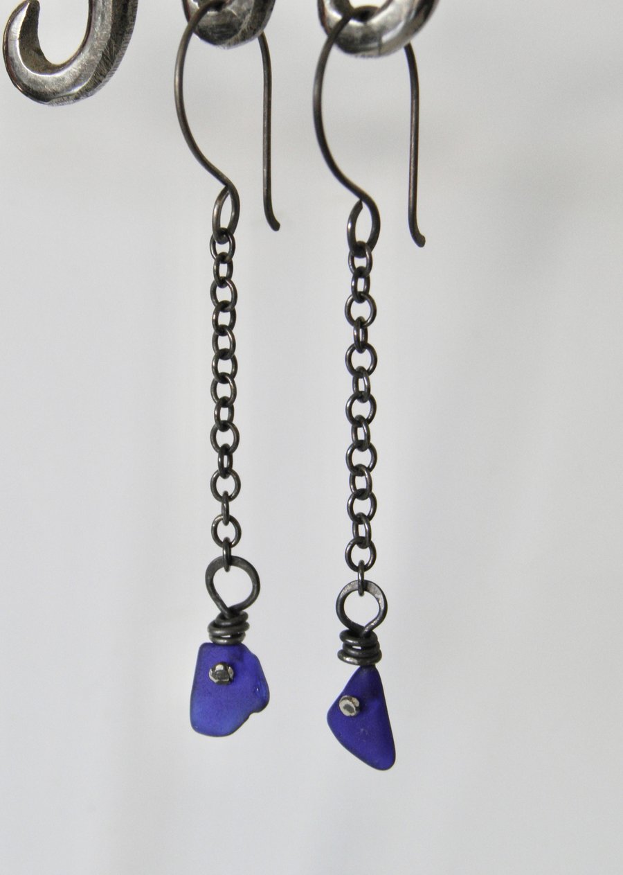 Blue Sea Glass Earrings Long Chain