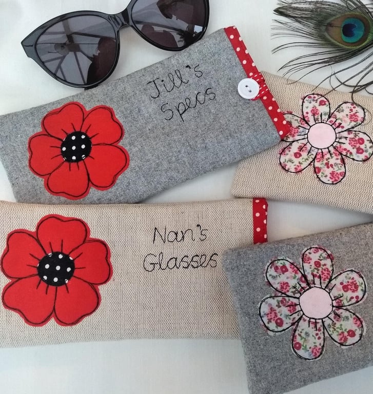 Flower Poppy Glasses Case - Customisable Gift for Grandma or Mum - Linen or Grey