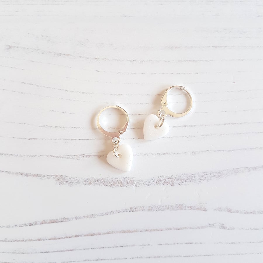 Mini white glitter heart hoop earrings, limited pairs available