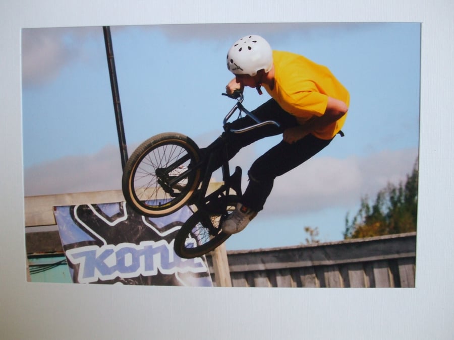 Photographic greetings card of a BMX bike rider.