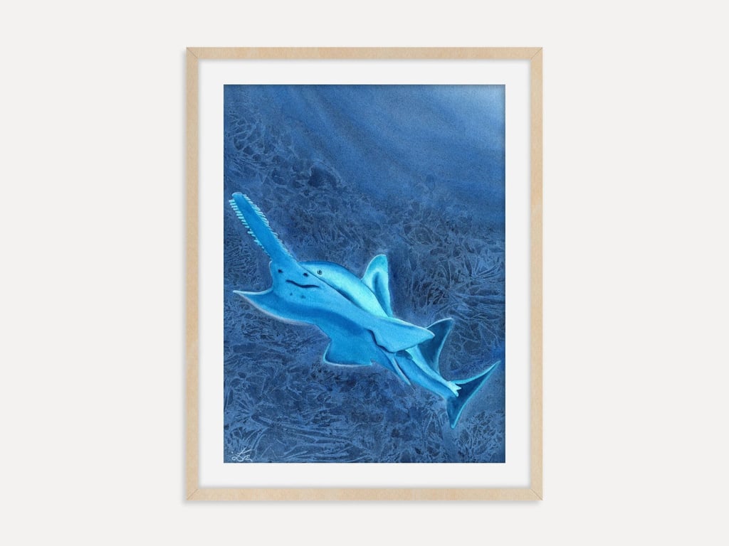 Glowing Sawfish Art Print, Underwater Ocean Wall Art, Marine Life Artwork