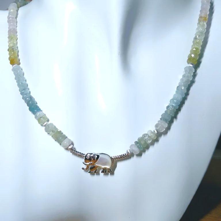 Multi Beryl Gemstone & Sterling Silver Mother of Pearl Elephant 15 Inch Necklace