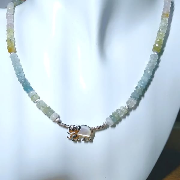 Multi Beryl Gemstone & Sterling Silver Mother of Pearl Elephant 15 Inch Necklace