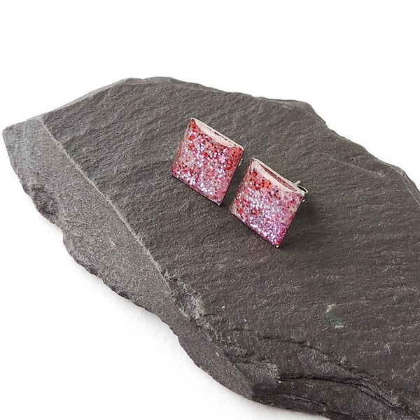 Pink Stud Earrings, Square Stainless Steel Posts  666a 