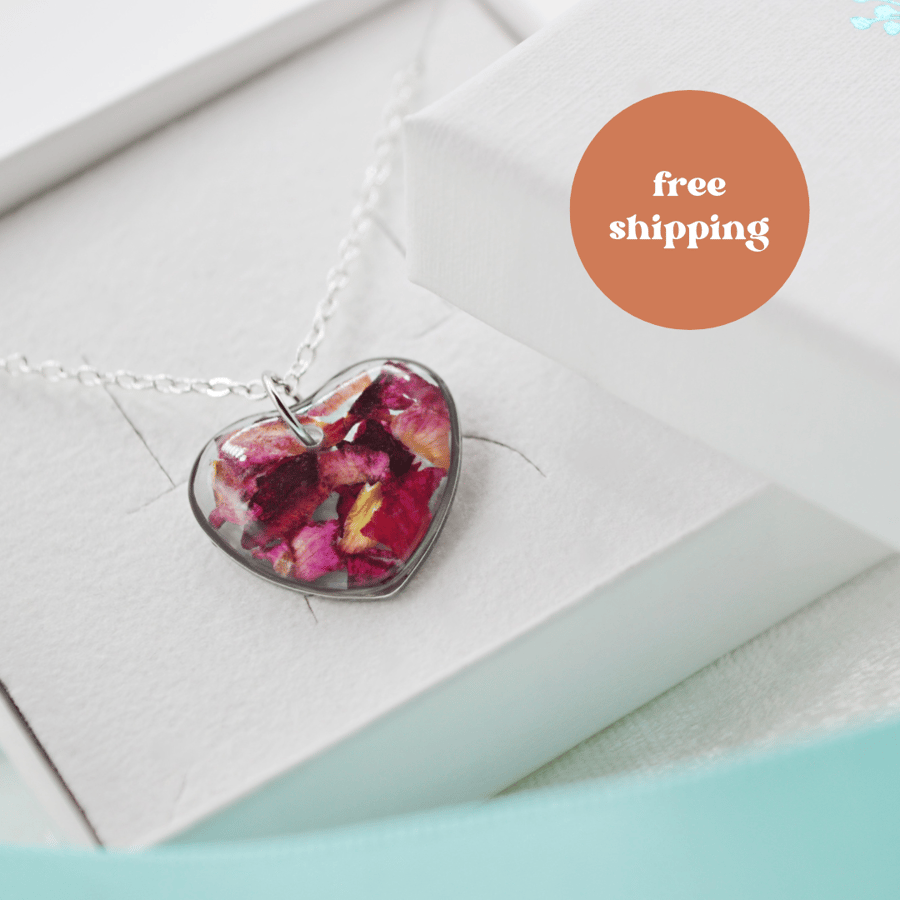 Deep Red Rose Petal Heart Pendant Necklace - Free Postage