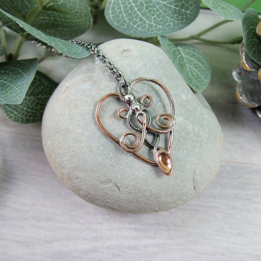 Welsh Love Spoon Necklace, Sterling Silver and Copper Pendant