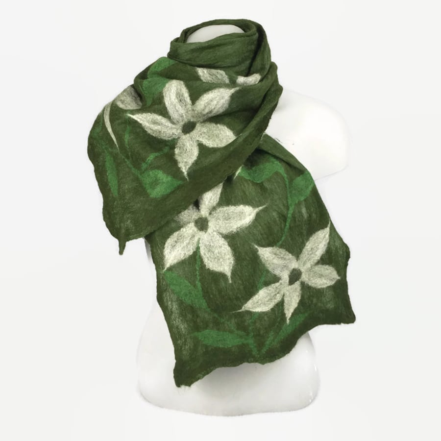Green merino wool nuno felted long scarf with large white flowers