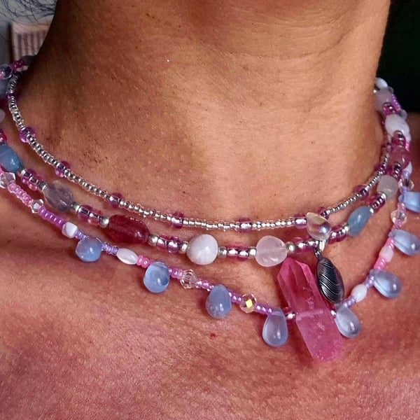 Fairy Lights Choker Necklace, Aquamarine Moonstone Labradorite & Quartz Crystal
