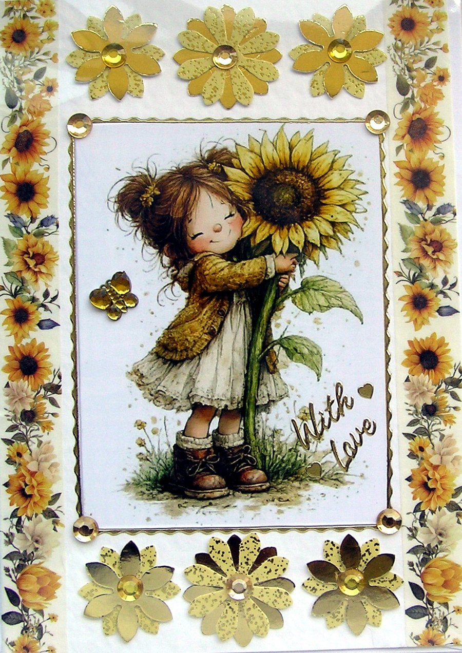 Girl Holding SunFlower - Hand Crafted Decoupage Greeting Card - With Love 3799
