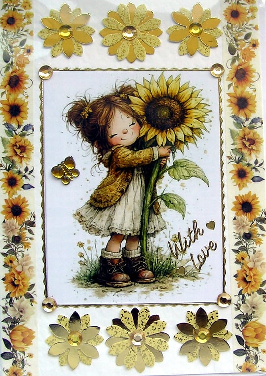 Girl Holding SunFlower - Hand Crafted Decoupage Greeting Card - With Love 3799